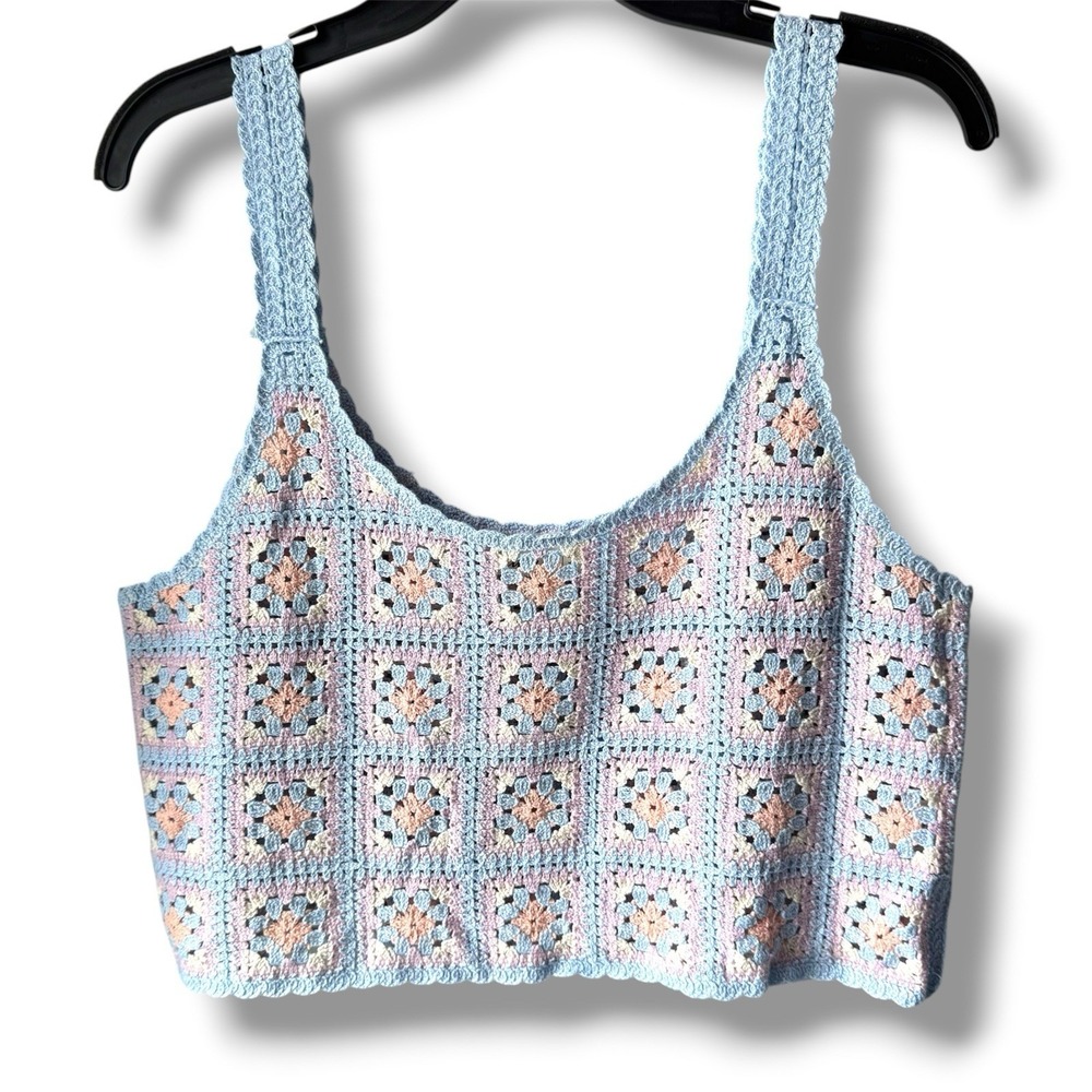 New In Crochet Granny Square Tank Top Boutique Pastel Boho Crop Festival M/L